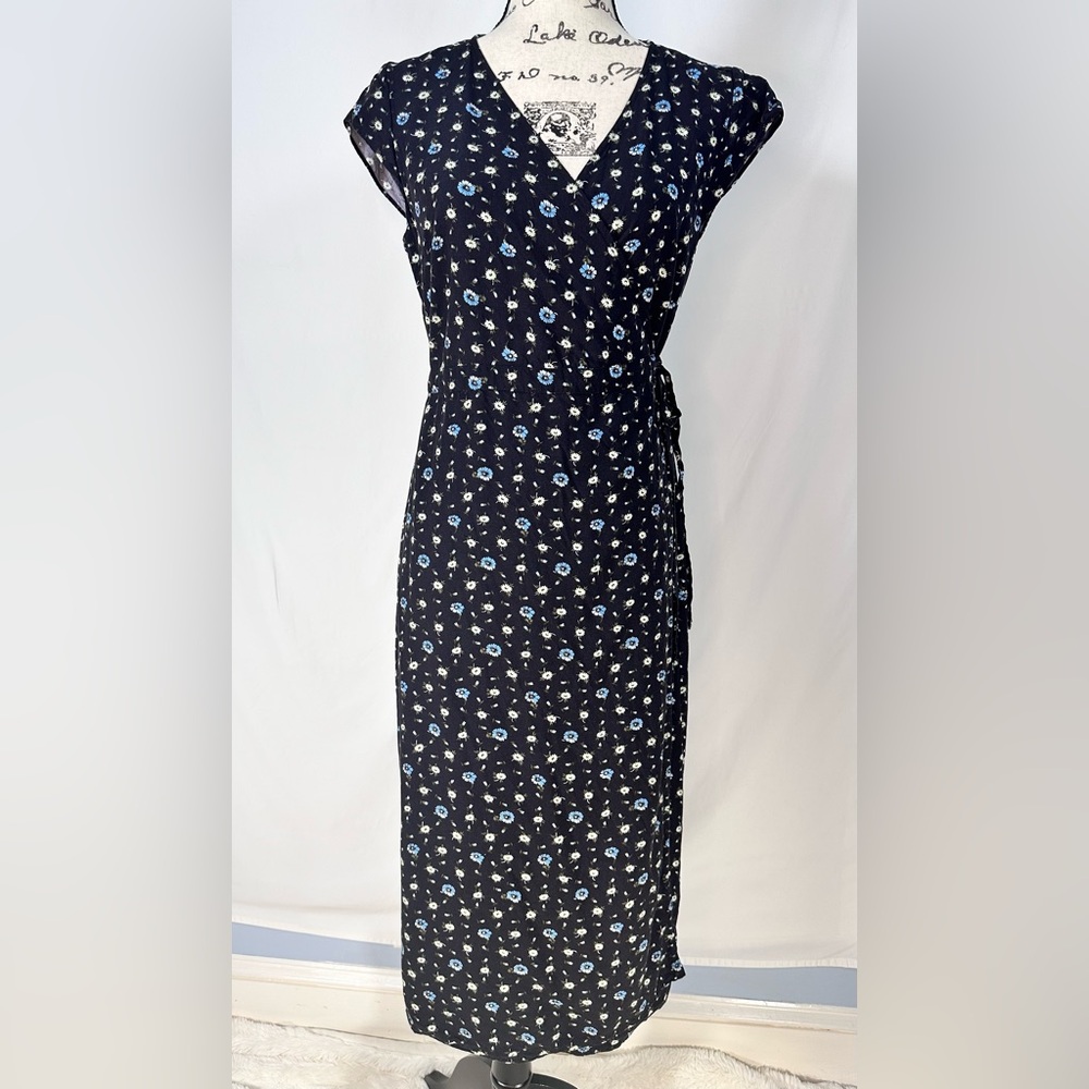J. Crew Black Midi Wrap Dress with Blue and White Floral Print